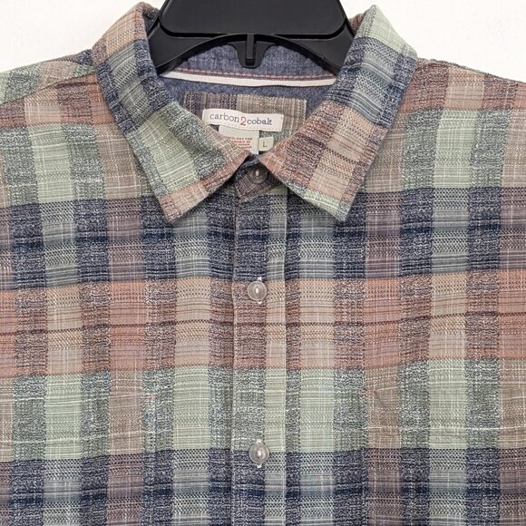CARBON 2 COBALT Shirt Men's L Multicolor Plaid Casual Pocket Button Long Sleeve - Picture 2 of 13